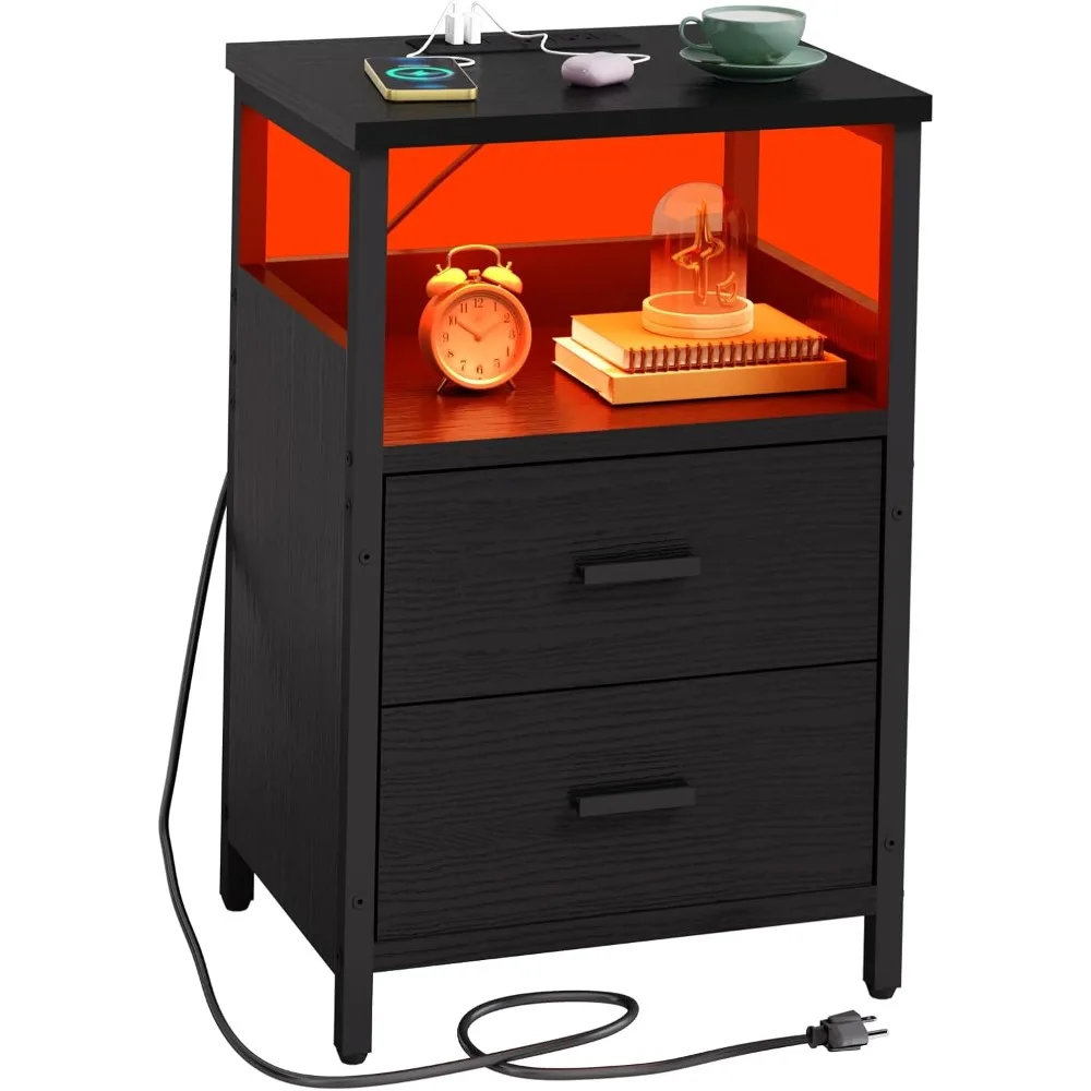 

LED Nightstand with Charging Station, Side Table with USB Ports and Outlets, End Table for Small Spaces, Black Bedside Tables