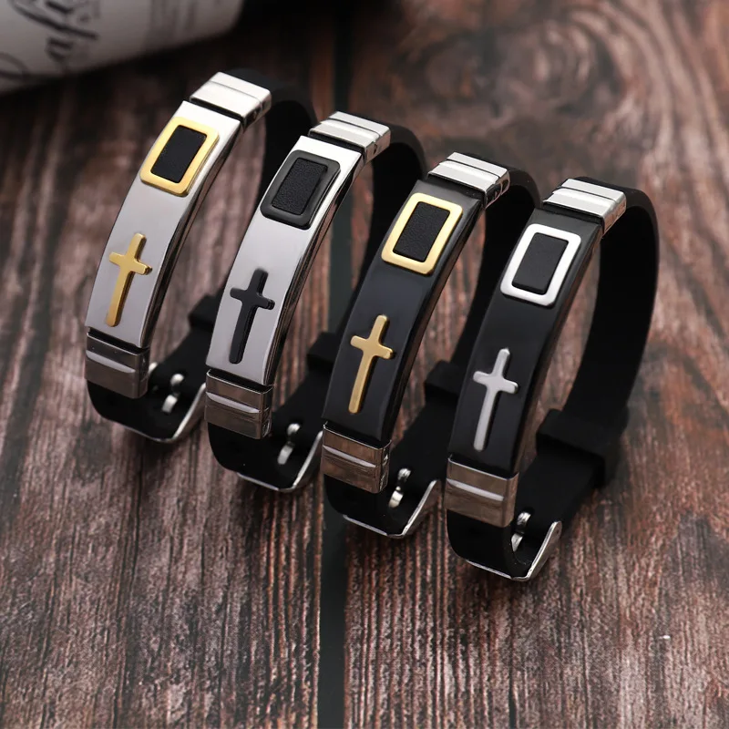 10 Pieces Stainless Steel Silicone Bracelet Cross Couple Bracelet Wristband Sports Bracelet Fashion Jewelry for Partners