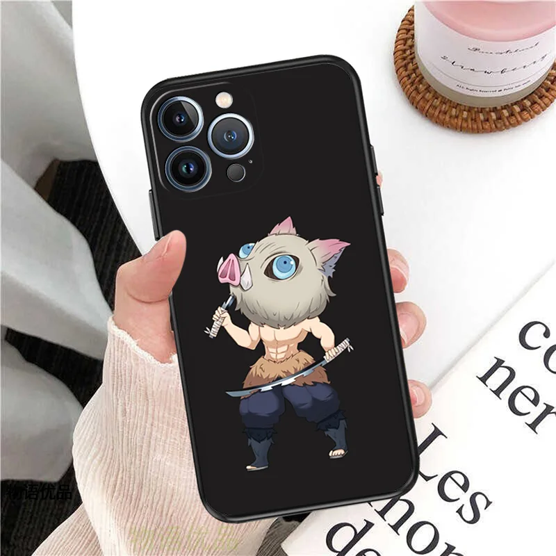 Phone Case for iPhone 16ProMax 14 13 15 Pro Max 12 11 XR SE 7 8 16 Plus Demon Slayer Hashibira Inosuke Soft Black Silicone Cover