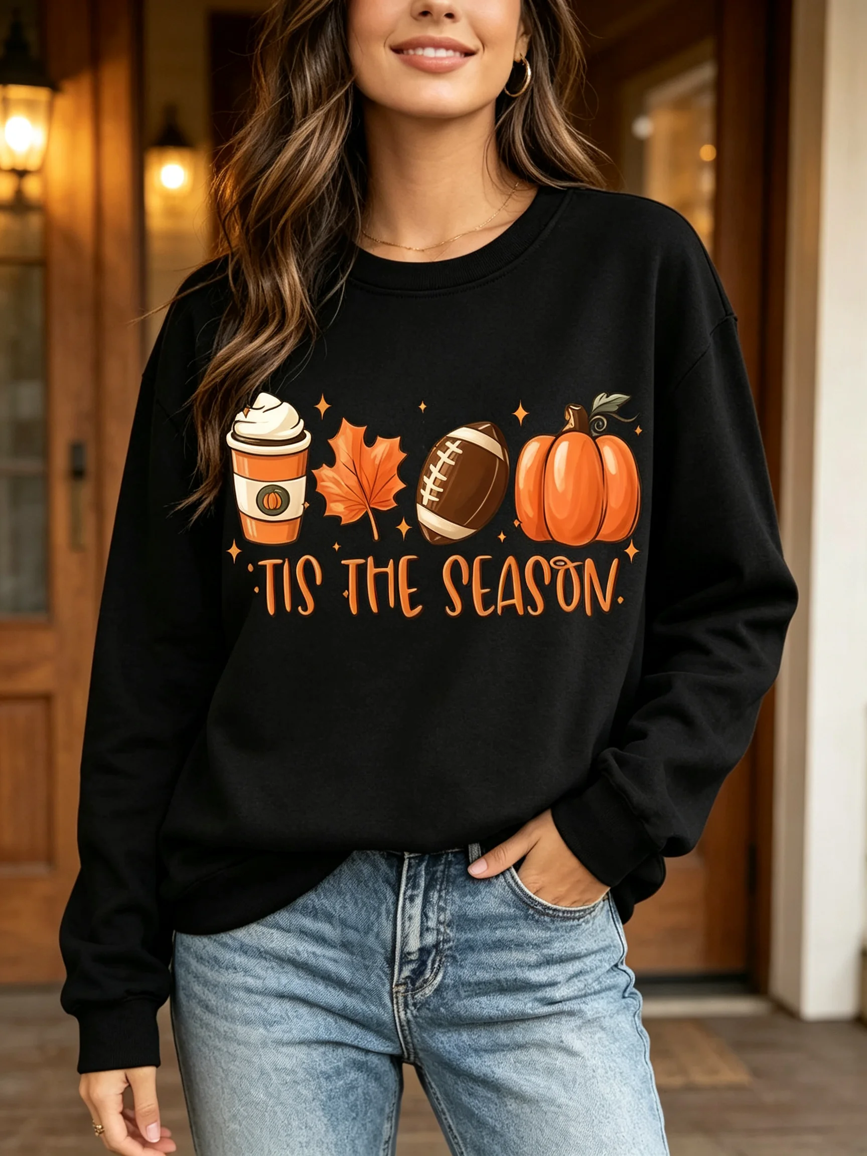 Women Long Sleeve T Shirt Tis The Season Fall Football Pumpkin Coffee Maple Leaf Graphic Tees Casual Autumn Thanksgiving Tops