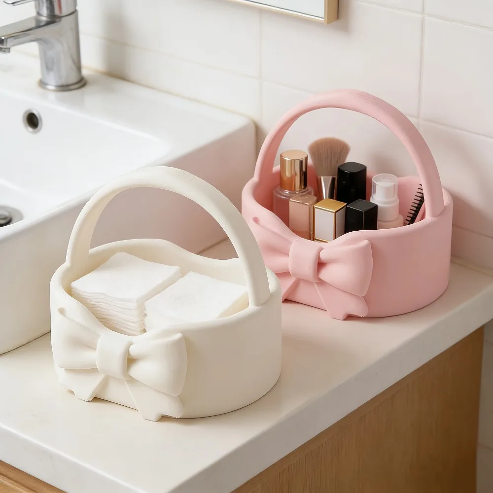 Cute Bowknot Decorative Storage Basket Multi-Purpose Pink Organizer Tray for Entryway Desk Jewelry Snacks Small Items 1pc