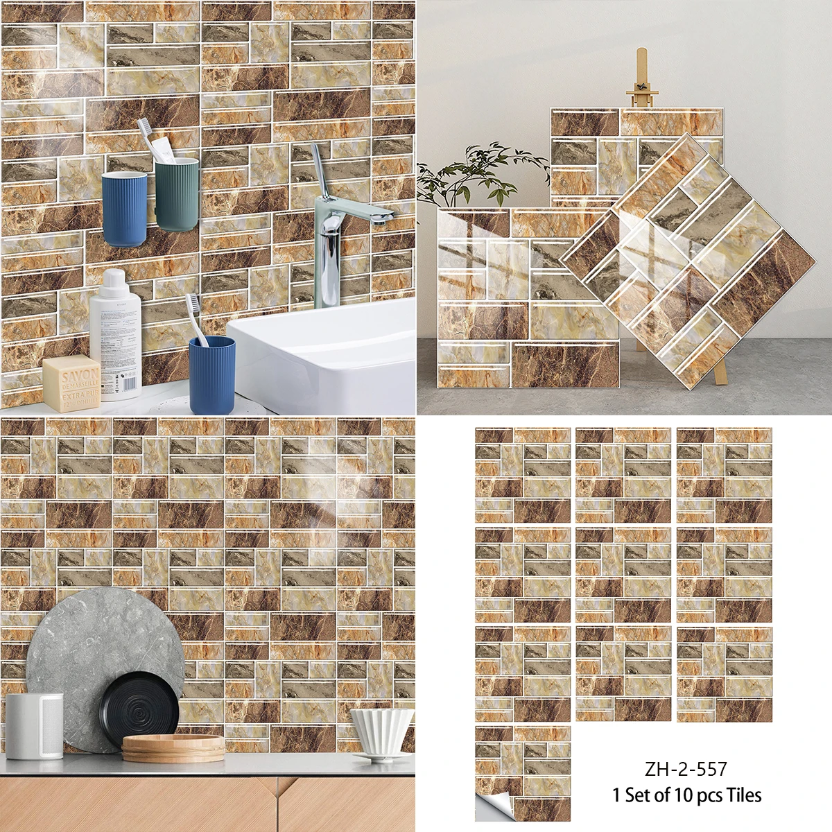 

10pcs/set Thick PVC Self-adhesive Ceramic Tile Stickers Waterproof Oil Proof Kitchen Bathroom Living Room Wall Decoration