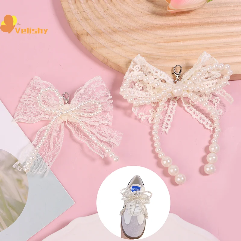 1/2PCS Decorative Shoe Flower Buckle Fashion Lace Pearl Bow Shoe Laces Charms For Sneakers Shoe Charm Accessories