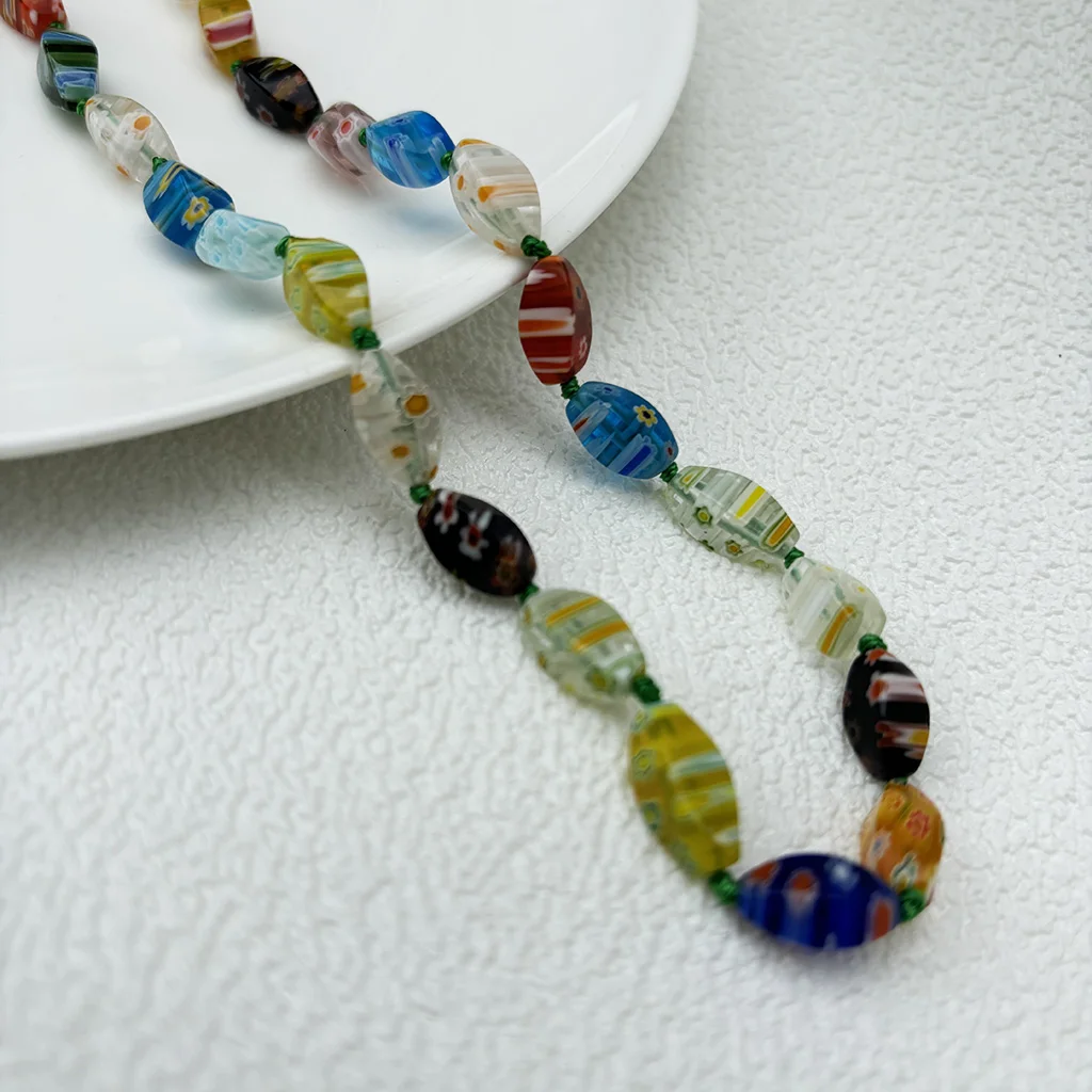 1PCS Vintage Thousand Flower Murano Glass Necklace For Women Irregular Glazed Crystal Lobster Colorful Jewelry Gift Party