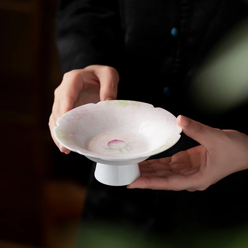

Hand-Painted Ceramic Tea Set Peach Pink High-Legged Fruit Tray Snack Plate Gongfu Tea Accessories Glazed above Paste