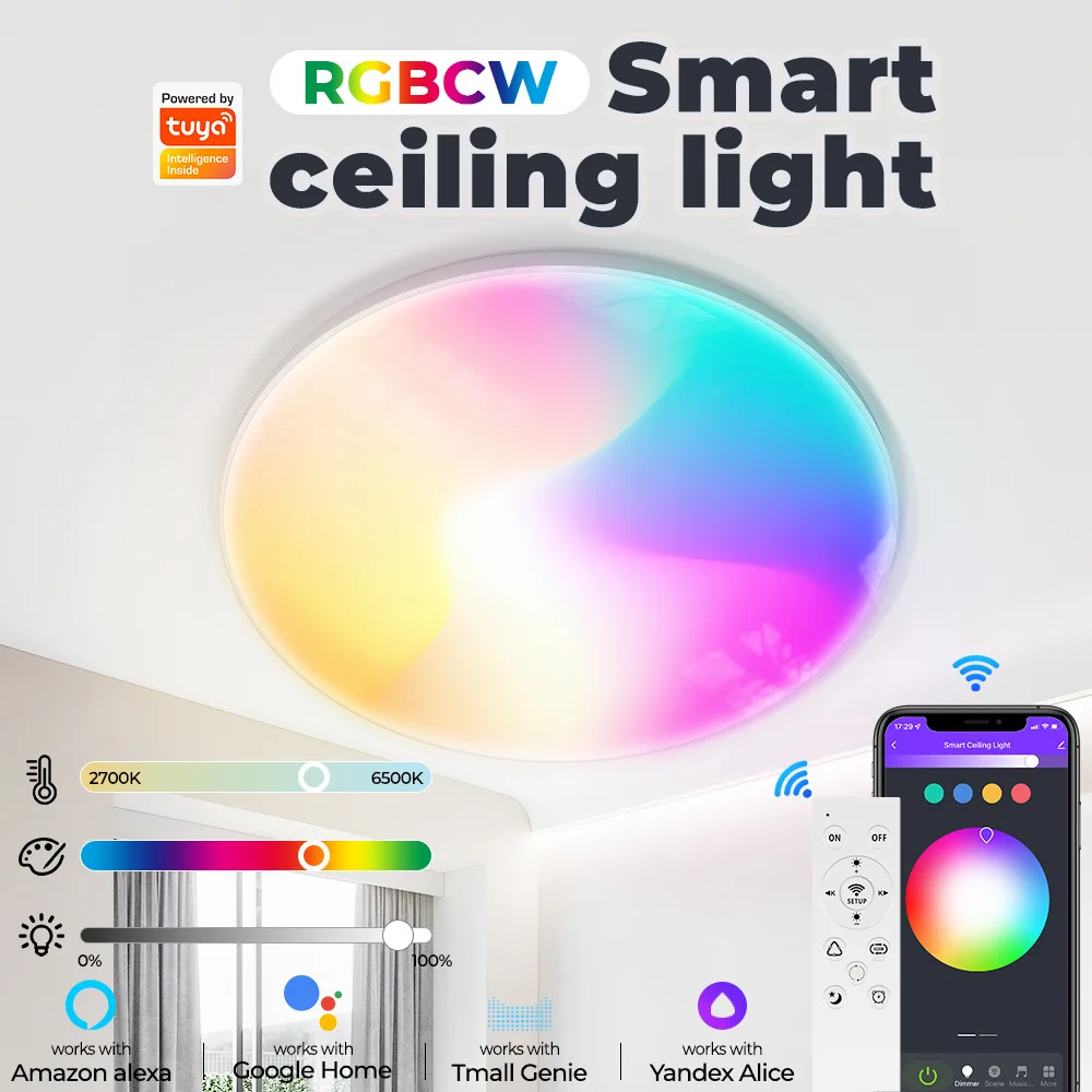 24W Tuya Smart RGBCW Ceiling Light APP Voice Control WIFI LED Panel Light Stepless Dimmable Bedroom Kitchen Home Decor Lighting