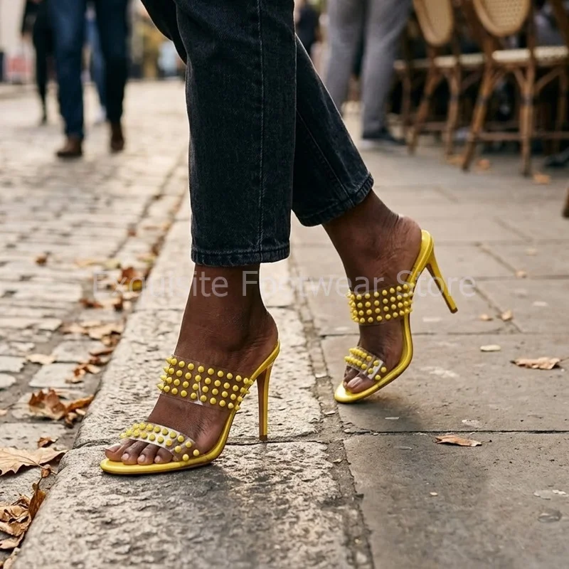 Clear PVC Spiked High Heels Women Sexy Studded Strap Mules Slide Sandals Open Toe Stiletto Evening Party Dress Shoes Slippers