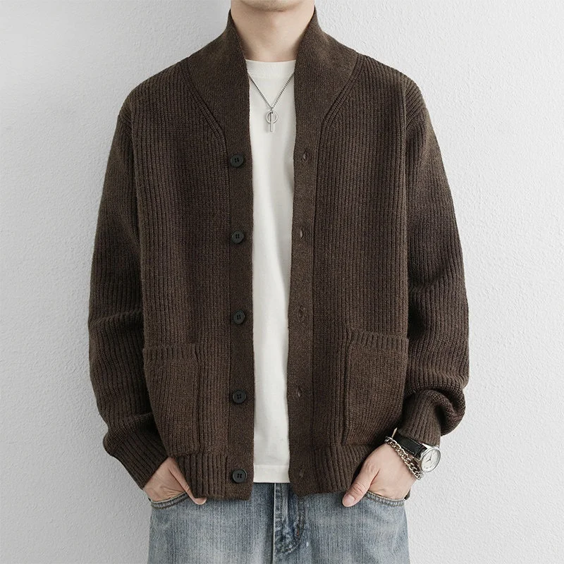 

Spring Autumn Knitted Cardigan Men's Casual Faion Pure Color Sweater Outerwear Top for Young Men Warm Long Sve No Collar