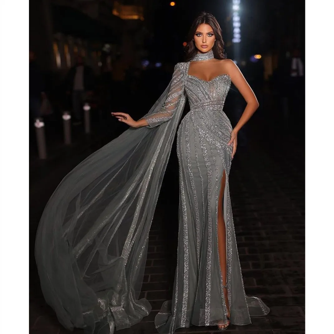 Gray Mermaid Evening Dresses One Long Sleeve V Neck Halter Cape Sequins Beaded Appliques 3D Lace Slit Prom Dresses Custom Made