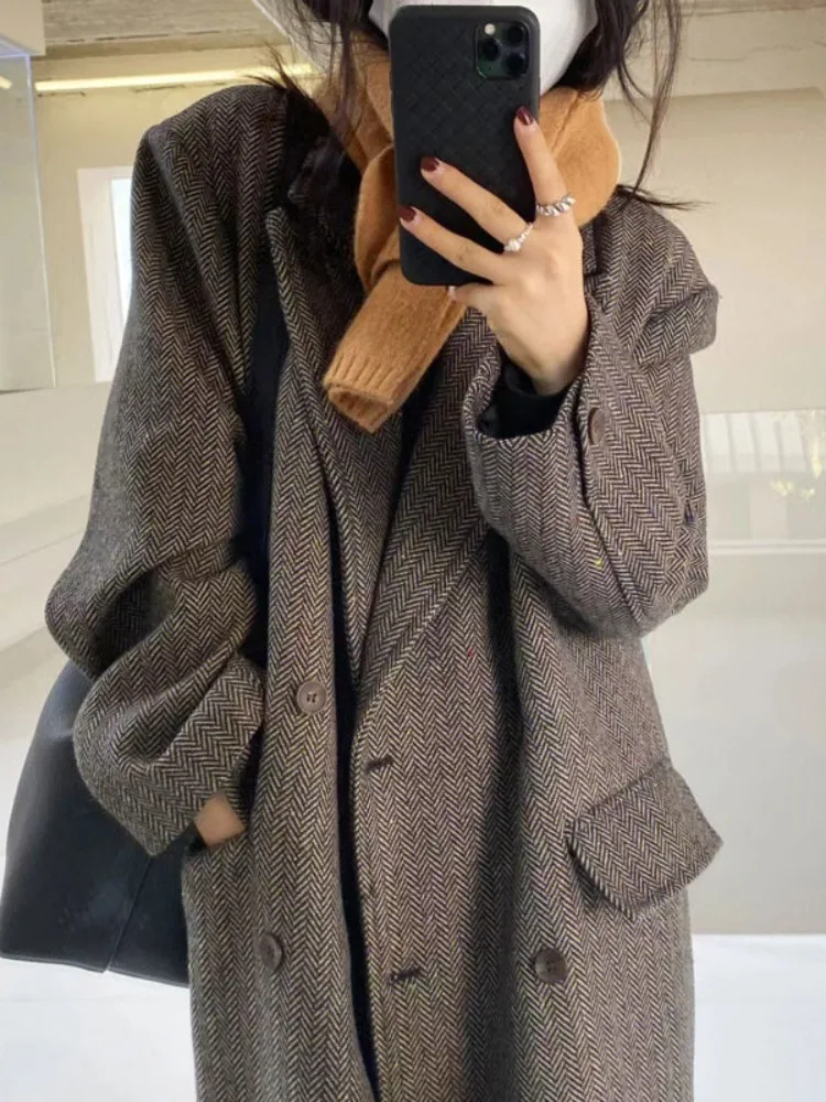 Herringbone Woolen Coats Women Autumn Winter Woolen Jackets New Korean All-match Loose Hepburn Style Tops Female