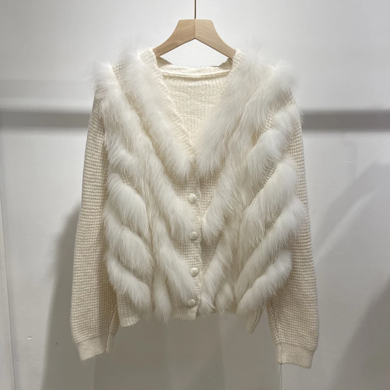 Women Purple Real Fox Fur Sweater Coat Lady's Autumn Thick White Knitted Button Coat