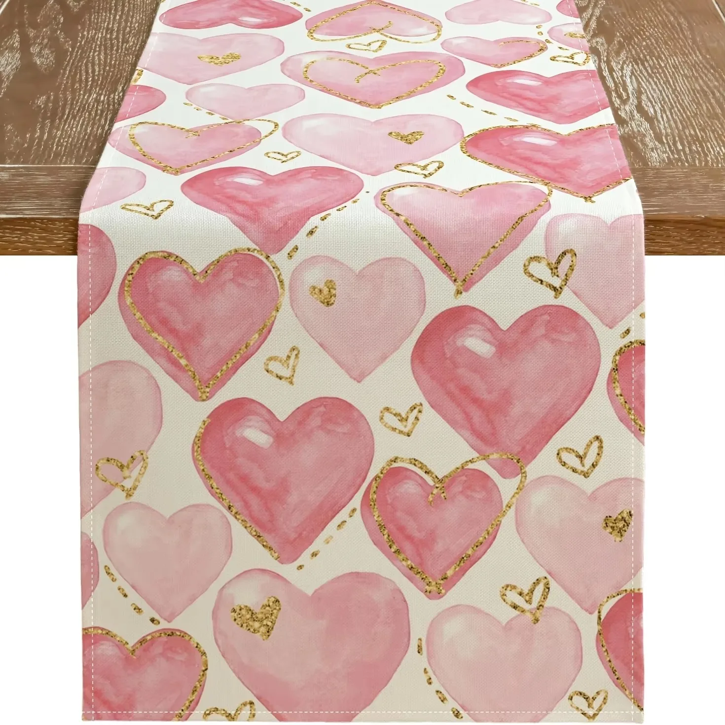1pc Watercolor Pink Heart Table Runner For Wedding Anniversary Dinner Party Household Tabletop Decoration Supply