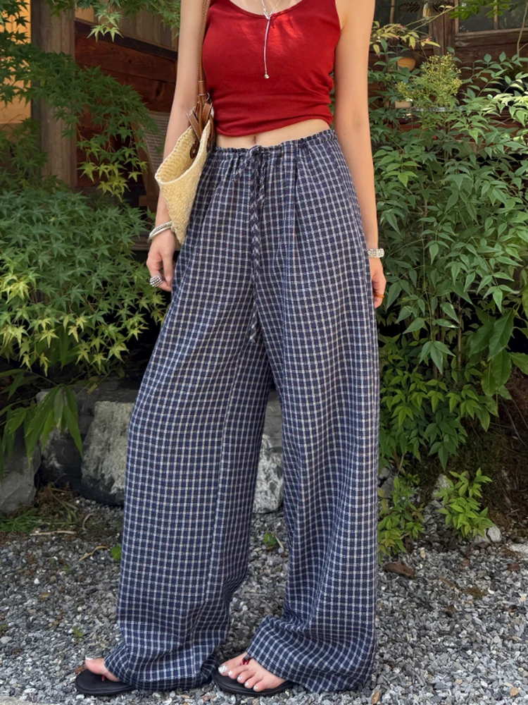 

Blue Plaid Wide Leg Pants Women's Casual Loose Comfortable Dstring Trousers Vintage Artistic Lazy Sle High Waist Pants