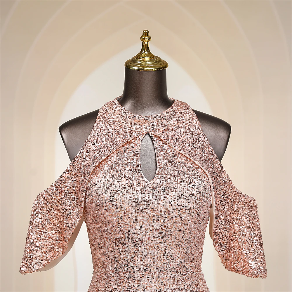 Vestidos de Noche de sirena de lentejuelas de oro rosa, cuello de cerradura, hombros descubiertos, Trompeta larga, fiesta Formal