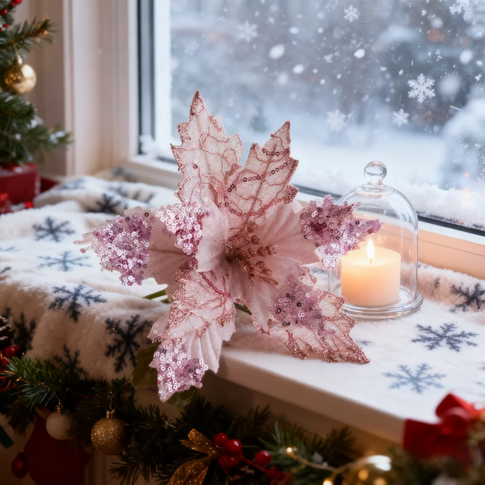 2 Stück künstliche Weihnachtsblumen, glitzernde und mit Pailletten verzierte Weihnachtssterne aus Stoff, künstliche Weihnachtsblumen zum Selbermachen – Detail 5