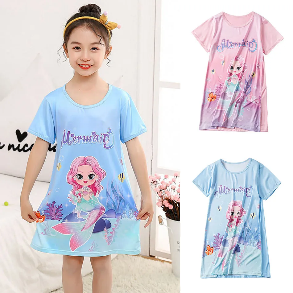 Children Nightgowns Ice Silk Short Sleeve Nightdress with Sweet Mermaid Pattern for Girls Comfortable Sleep and Home Clothing