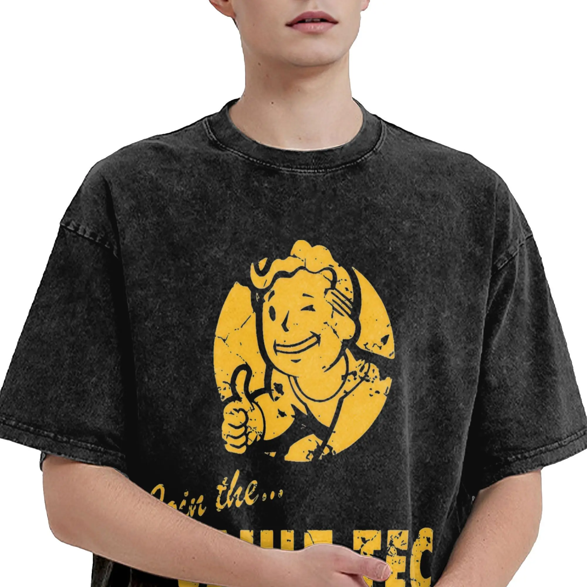 Washed T Shirt Join The Vaults Fallouts Tec Hip Hop Fashion T-Shirt Oversize Streetwear Cotton Printed Tops Tee Shirt for Men