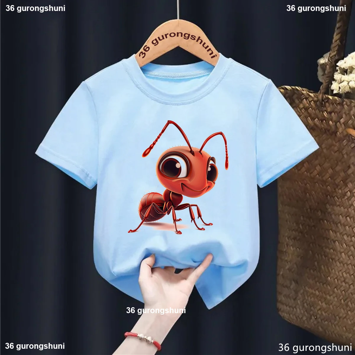 Ants Holding Umbrellas In The Rain Printed Blue Tshirt For Girls/Boys Kawaii Kids Clothes Funny Casual T-Shirt Harajuku Shirt