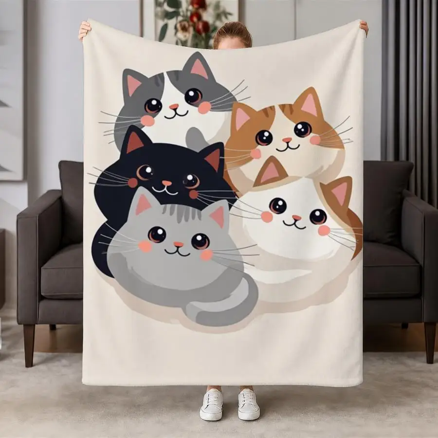 Cartoon Hugging Two Kittens Beige Background Flannel Throw Blanket, Lovely Embrace Cat Print Blanket for Cat Lover Home Decor