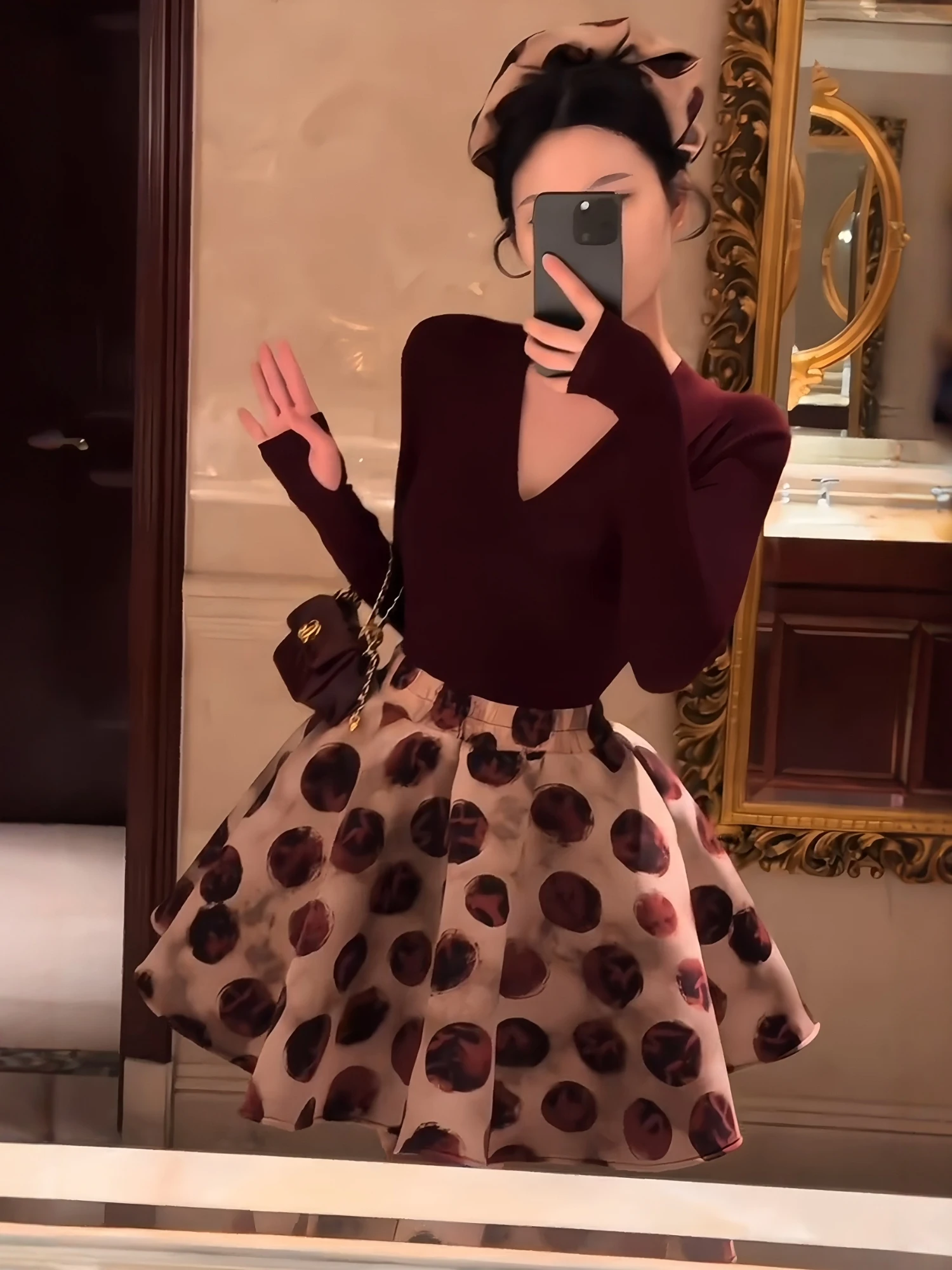 

Autumn Winter V-ne Slim Fit Red Long Sve T-irt Waist-cinching Anti-wrinkle ular Set Women's High Waist Puffy Skirt