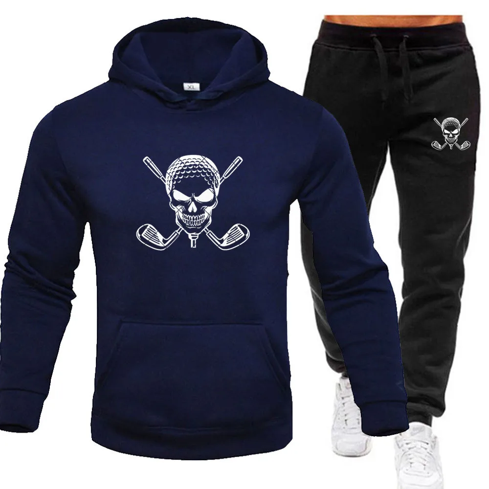 Skull and  Golf Club Print Autumn Winter Trending Streetwear Tracksuits Men Hoodie + Pant Set Sports Wear Jogging Suits