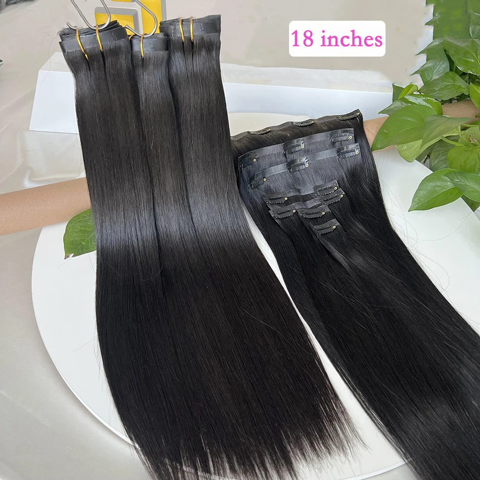 Raw Unprocessed 100g 7Pcs/Set Seamless Clips in #1B Natural Color Human Hair Extensions Long PU Weft Invisible Straight Hair