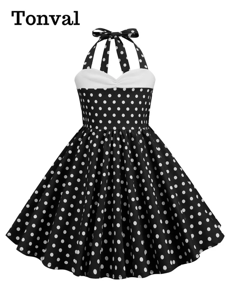 Tonval Sweetheart Neck Halter Fit and Flare Party Girls Clothes Summer Polka Dot Pleated Daughter Vintage Dress for Kids