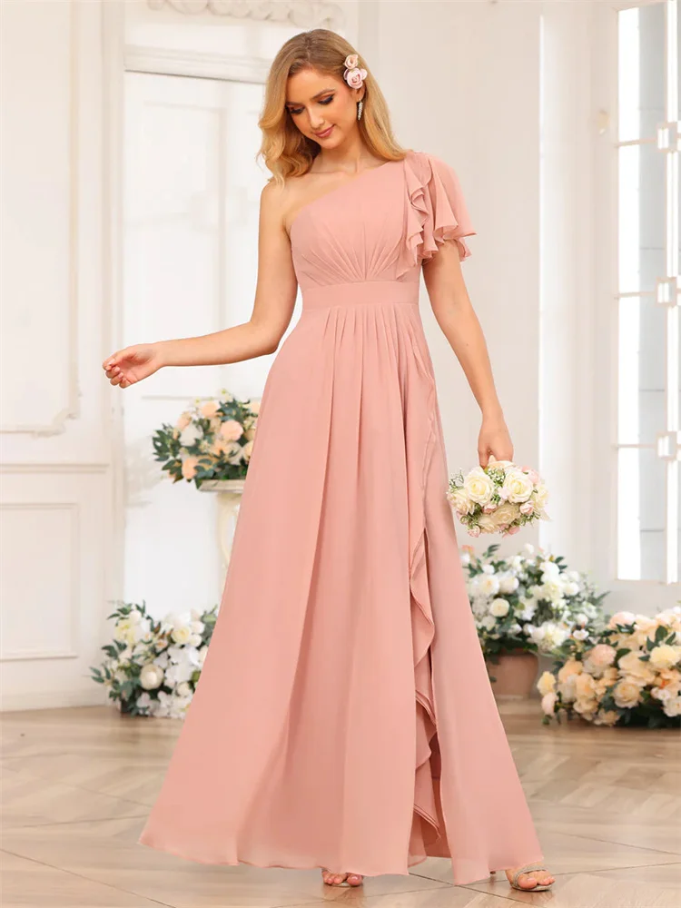 Vestido de dama de honra chiffon, um ombro, mangas curtas, linha A, Split Side, Zipper Back Vestidos para convidados do casamento, elegante, nova chegada