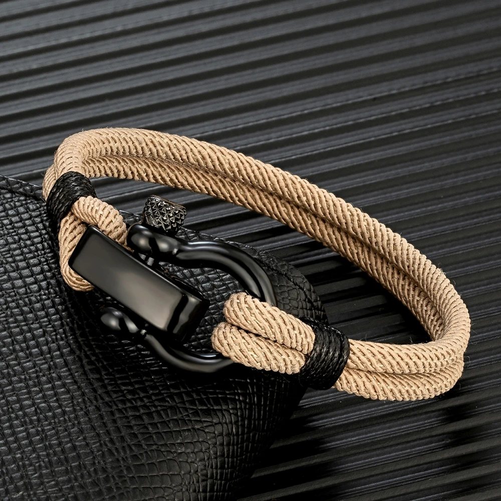 Black Stainless Steel Shackle Buckle Bracelets Men Women Outdoor Camping Rescue Emergency Survival Rope Adjustable Bracelet Gift