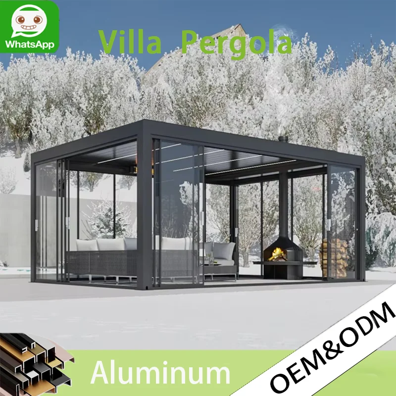 

Electric Louvered Roof Bioclimatic Pergola, LED Lighted Aluminum Patio Gazebo, Modern Shade Cover for Swimming Pool