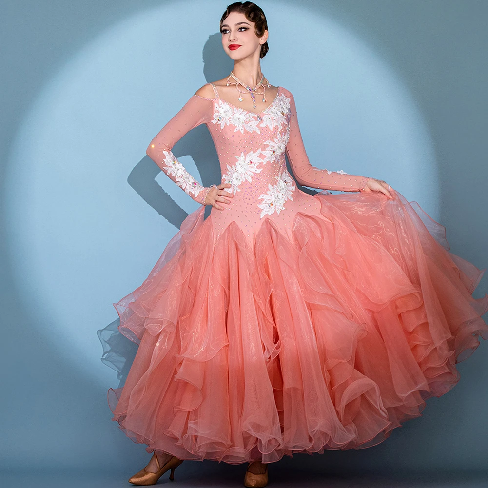 ラテンドレス デカール ボールルーム選手権 ハイエンド フラメンコスカート ラインストーン ピンク 練習用ダンスドレス 長袖ダンスドレス