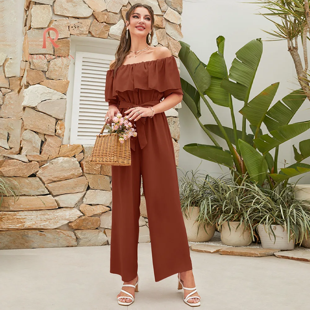 

ROKEN EVAN 2024 Summer casual one-line shoulder cuff cuff lace-up nine-point wide leg pants Streetwear Muslim jumpsuit women