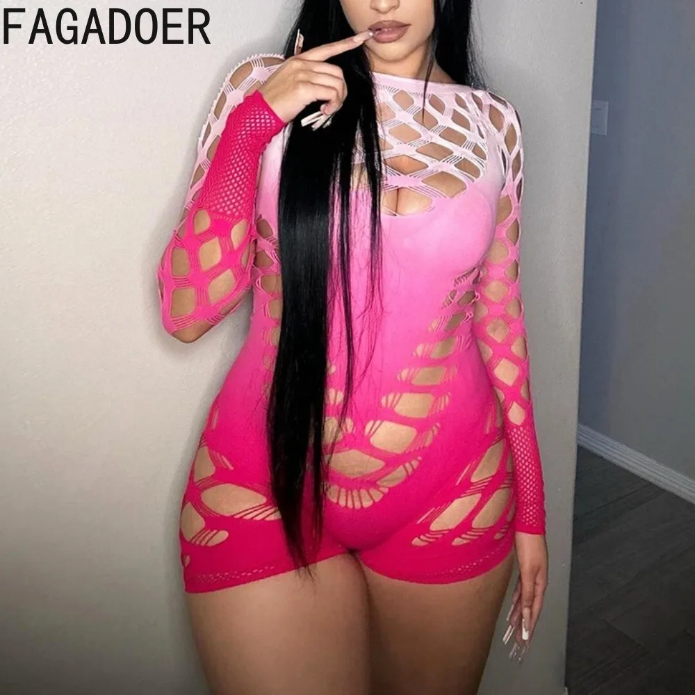 

FAGADOER Pink Gradient Fashion Thick Lace Hollow Out Bodycon Rompers Women Round Neck Long Sleeve Slim Jumpsuits Female Overalls