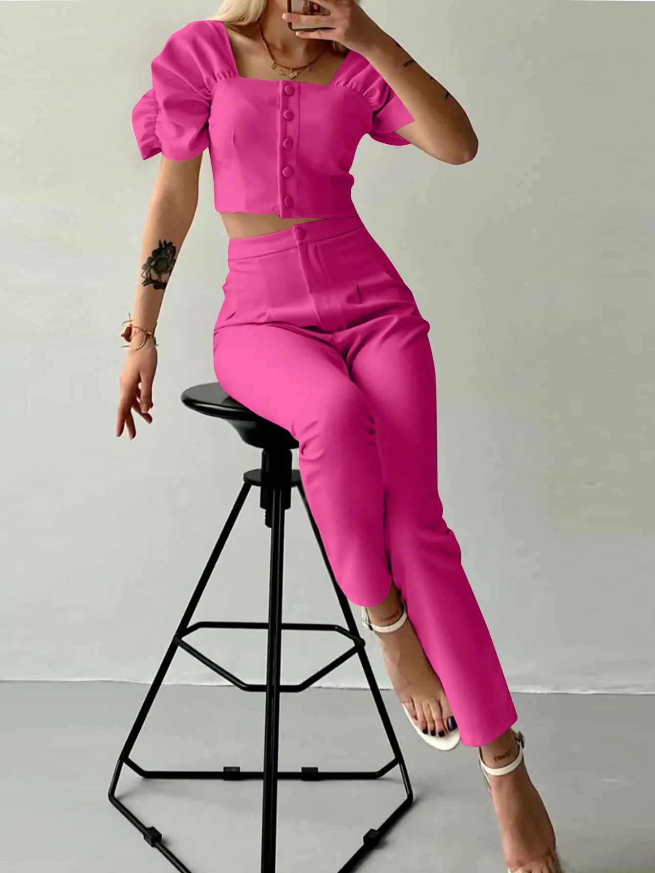 Elegant Women's Office Two Piece Sets Summer Fashion Solid Square Collar Single Breasted Short Sleeve Top & Long Pants Suit