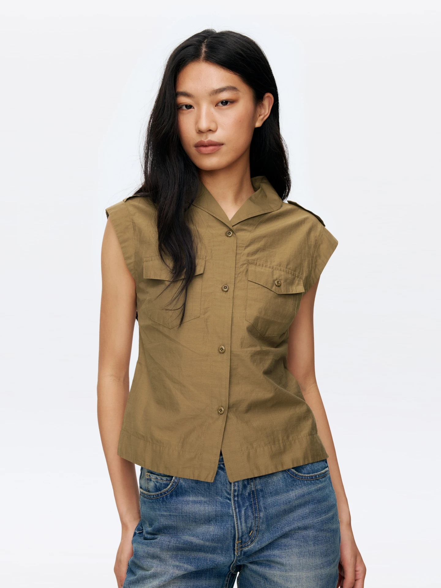 

Oneup Silk American Retro Khaki Sleeveless Workwear Shirt Women Summer Waist Cinched Slim Fit Vest Not Deformable Regular Length