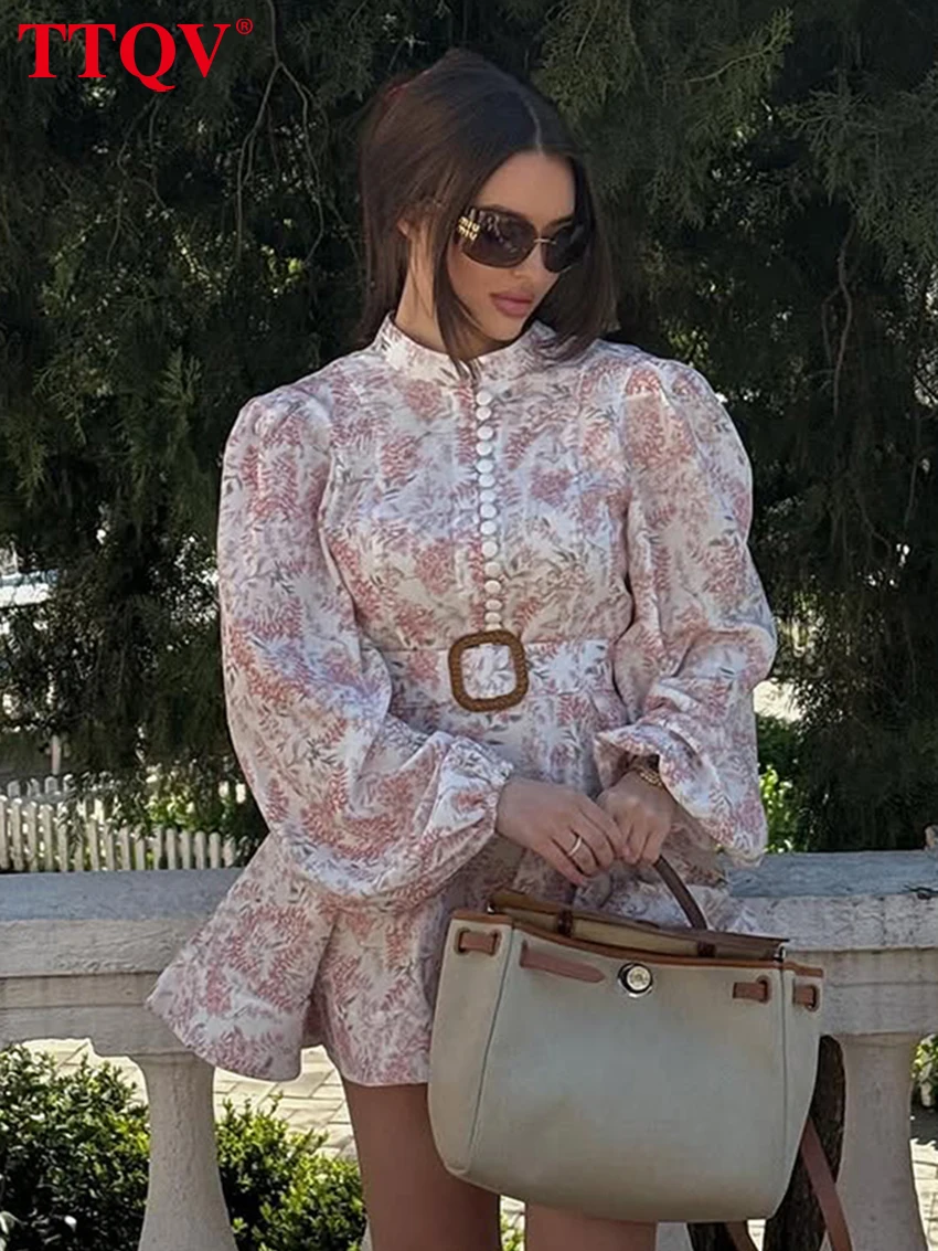 

TTQV Fashion Loose Print Women's Dress 2025 Vintage Stand Collar Long Sleeve Mini Dresses Elegant Classic Belt Female Dress