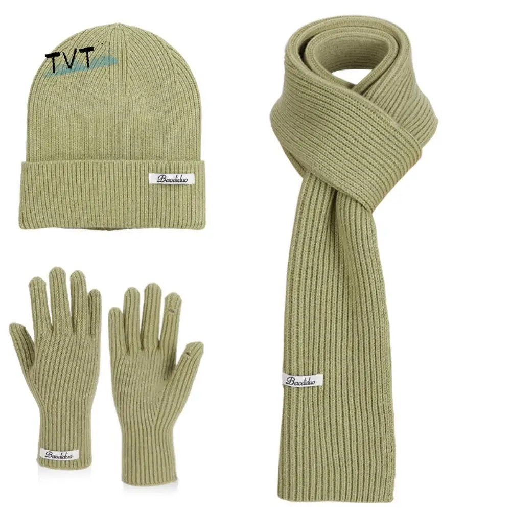 Set Sarung Tangan Syal Topi Pelindung Leher Warna Solid Topi Rajut Termal Tebal Hangat Pelindung Telinga Wol Topi Beanie Musim Dingin Luar Ruangan