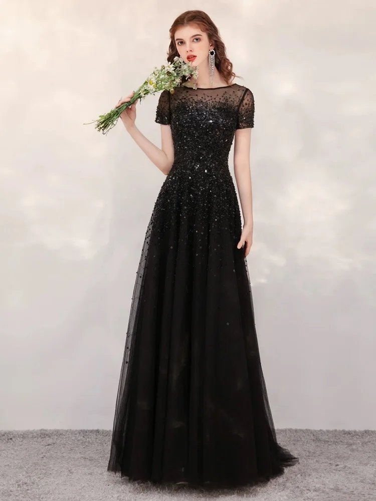 Vestido de luxo quinceanera linha A com mangas curtas e frisado, vestidos elegantes para mulheres, cinza dourado preto e vermelho partido, LA70976, 2024