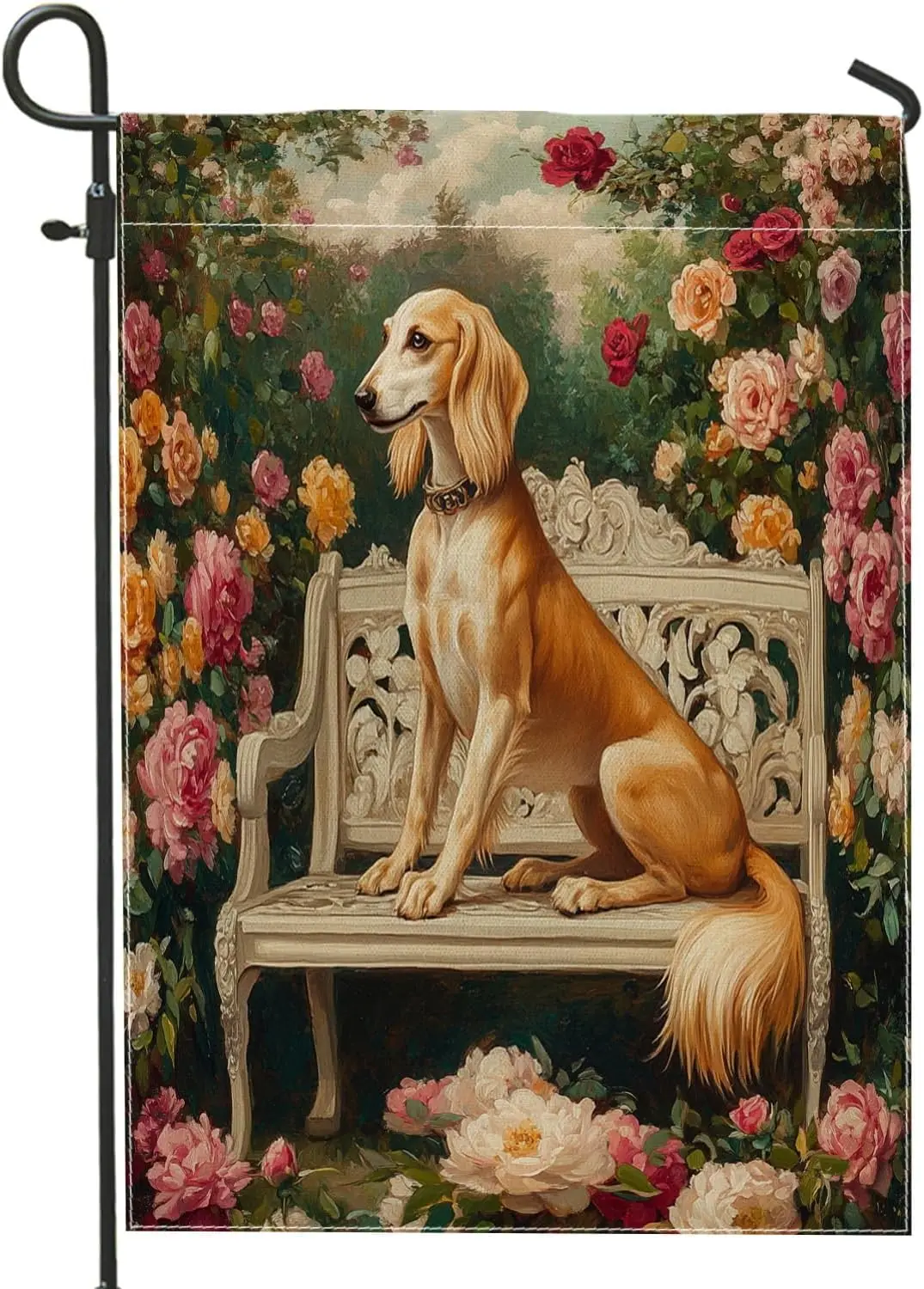 Spring Saluki Dog Garden Flags 12”x18” Double Sided for Outside, Romantic Floral Bench Front Yard Small Canvas House Flags,  IIC