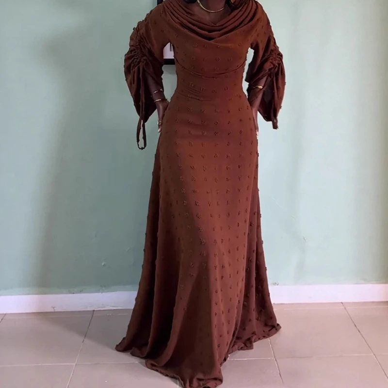 أنيقة الجاكار الصلبة المرأة فستان الحفلات موضة سوينغ طوق تخفيف رداء فستان عادية مطوي كم طويل الرباط فستان طويل