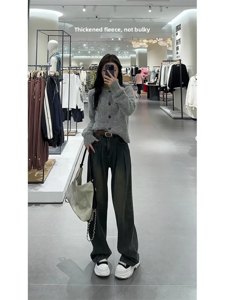 Plus Size Fce-gefütterte Thi-Denim-Jeans für Damen, hohe Taille, weites Bein, gerader Schnitt, lässig, bequem, atmungsaktiv, verschleißfest