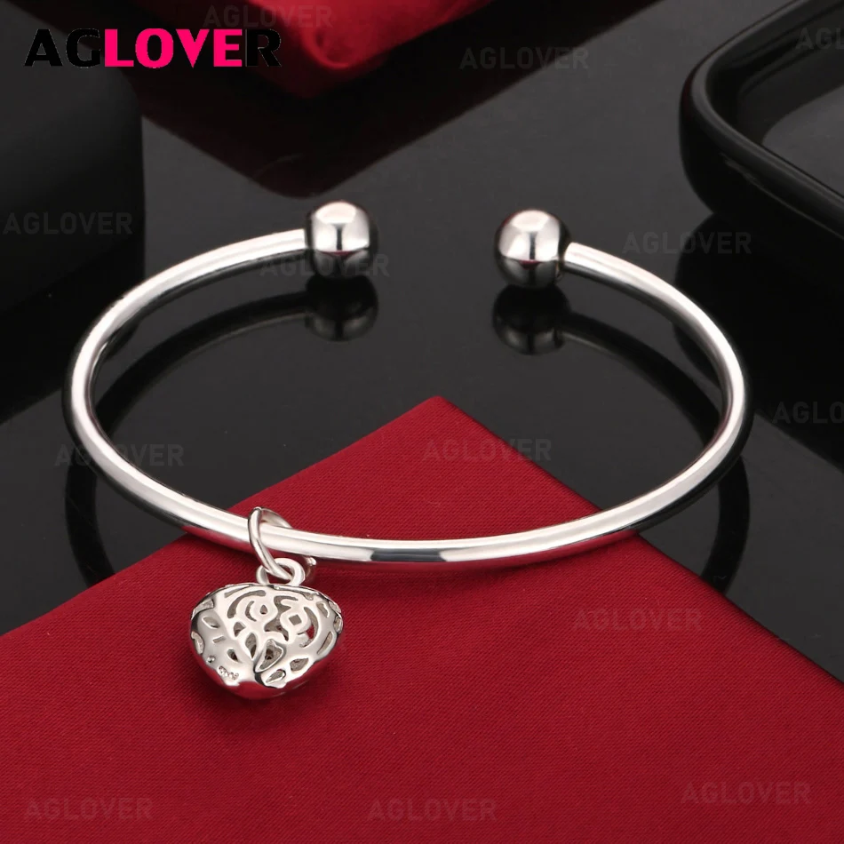 

AGLOVER 925 Sterling Silver Heart Hollow Pendant Open Bracelet Women Fashion Charm Party Jewelry