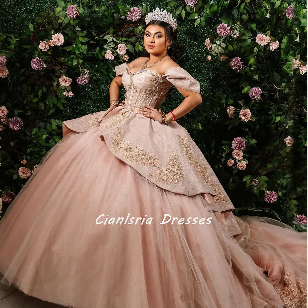 Champagne Off The Shoulder Beading Crystal Quinceanera Dresses Ball Gown Ruffles Appliques Corset Sweet 16 Vestido De XV Años