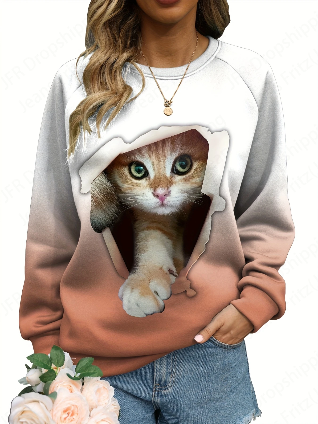 Funny Women\'s Hoodie 3D Cartoon Hole Breaking Cat Print Sweatshirt Casual O-Neck Hoodie Fashion Womens Sweats Spring Autumn Coat