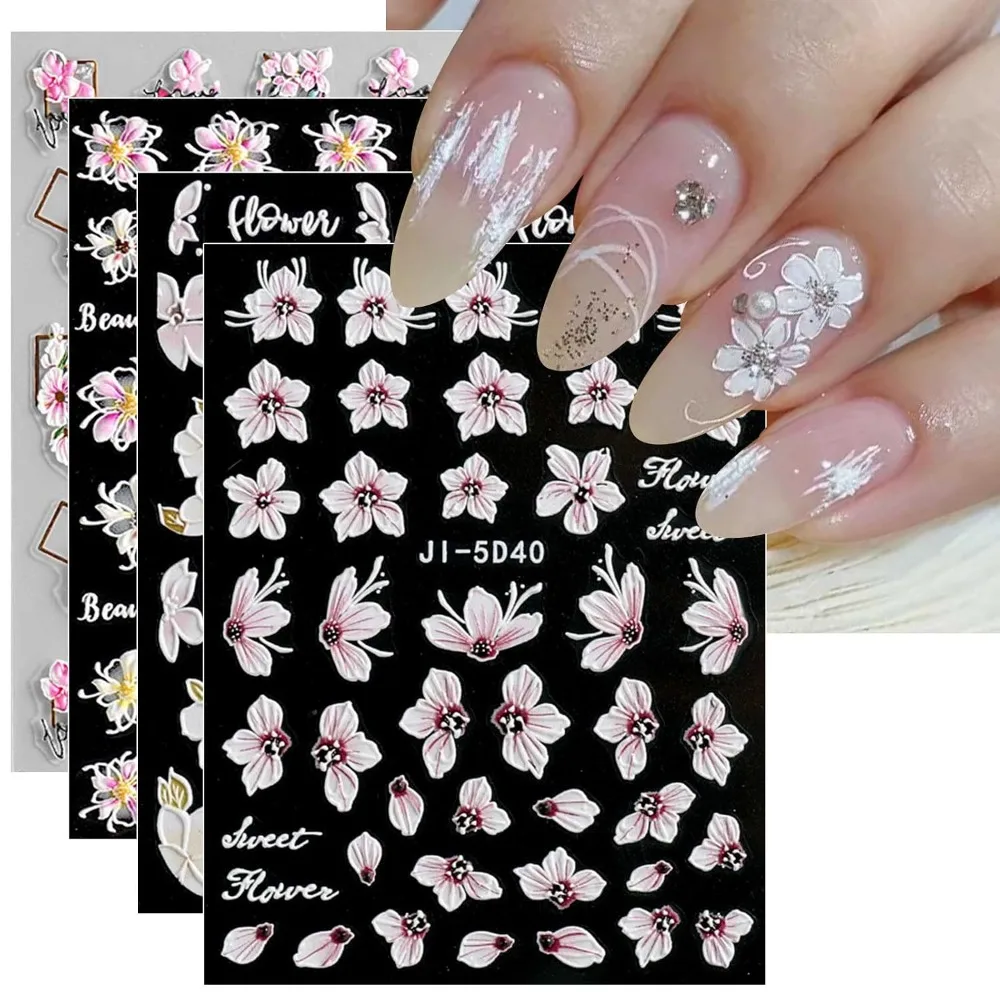 3D Embossed Spring Flower Nail Art Stickers Self Adhesive Decals Colorful Summer Floral Nail Supplies Design Decoration Accessories Water Transfer Nail Sticker