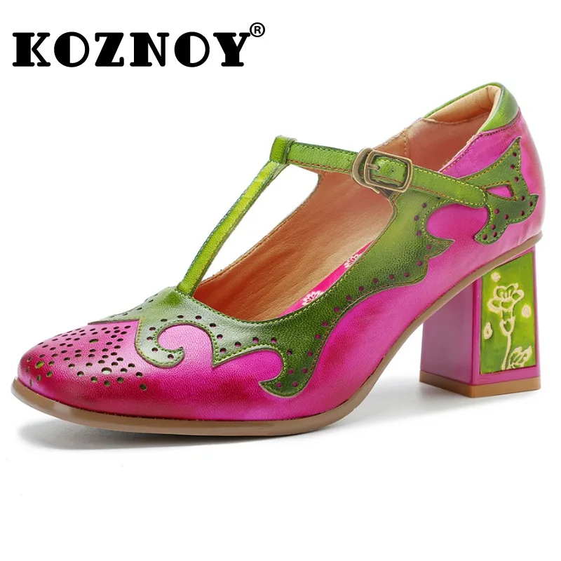 

Koznoy 6.5cm 2024 Ethnic Sheepskin Leather Fashion Chunky Heels Summer Buckle Office Ladies Pumps Women Sandals Moccasins Shoes