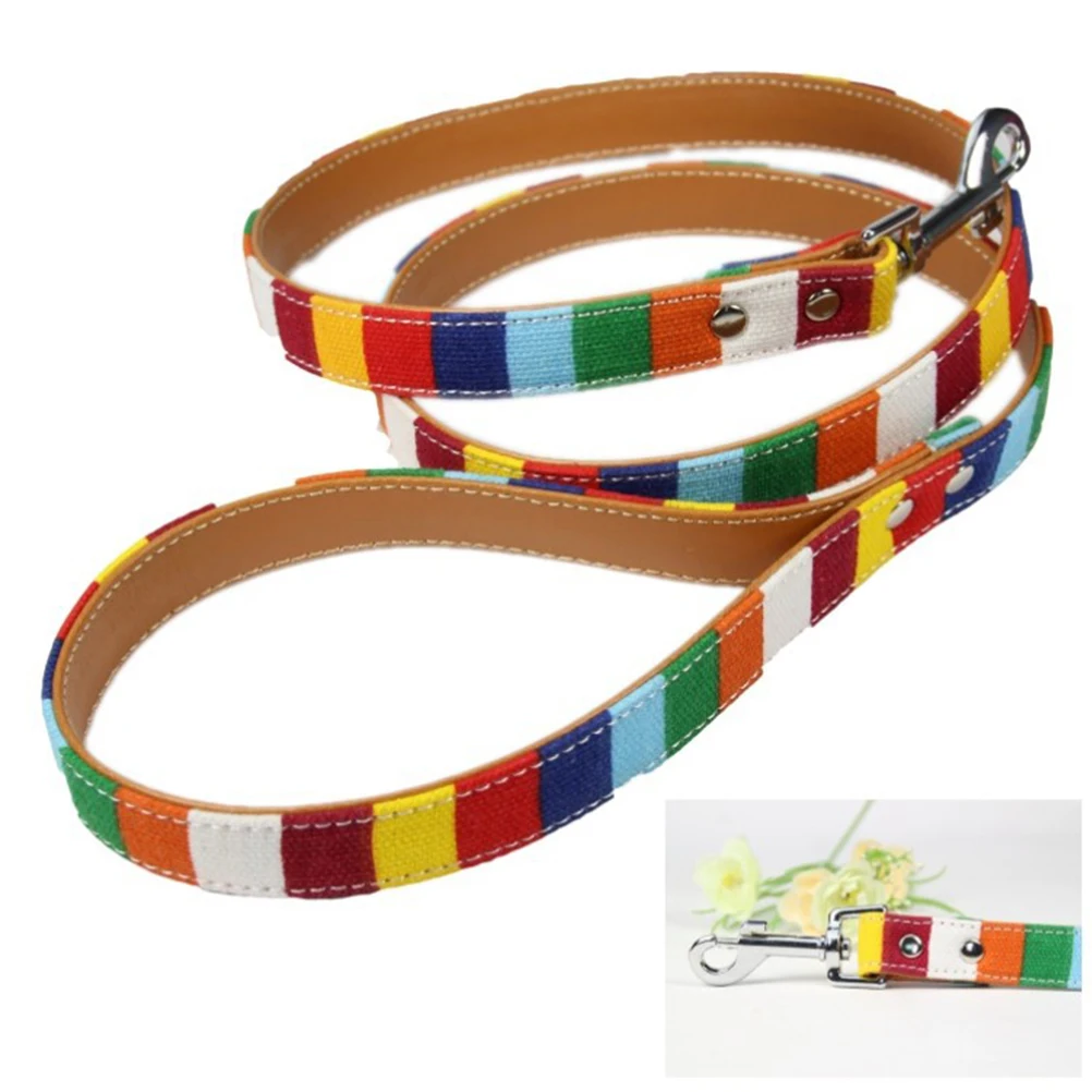 

Colorful Striped Canvas Rainbow Pet Training Leash Durable Quick Release Long Dog Lead Comfortable Grip For Everyday Walk