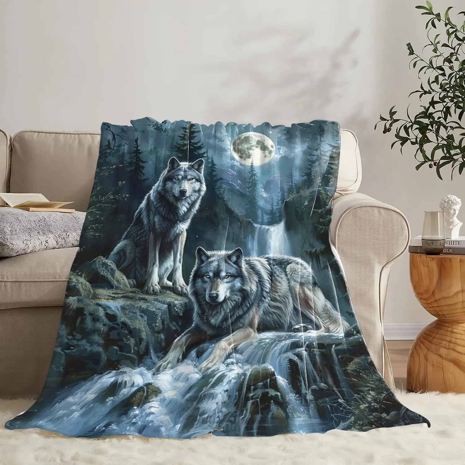 Mystic Wild Wolf Eyes Portrait Native Style Print Throw Blanket Soft Lightweight Blanket for Bed Couch Sofa
