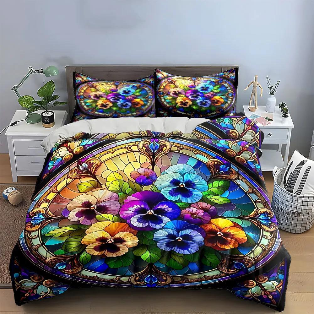 3Pcs Stained Glass Pansy Bedding Set, Vibrant Multicolor Pansy Flowers Print Duvet Cover + 2 Pillowcases, Art Nouveau Decor