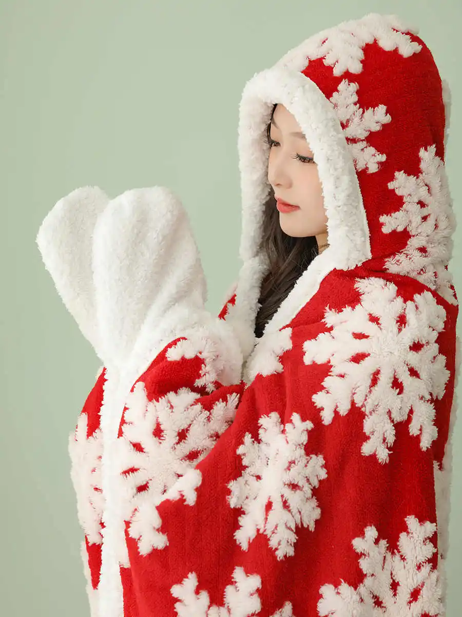 

Christmas Snowflakes Bohemia Blanket Flannel Cloak Hooded With Hat Wearable Winter Warm Women Home Cosplay